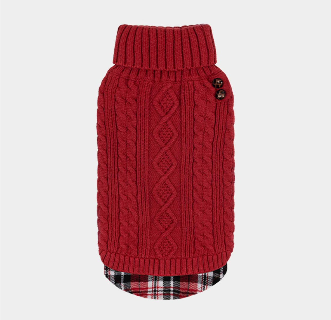 Red dog turtleneck sweater with ribbed collar, cable knit pattern, plaid hem