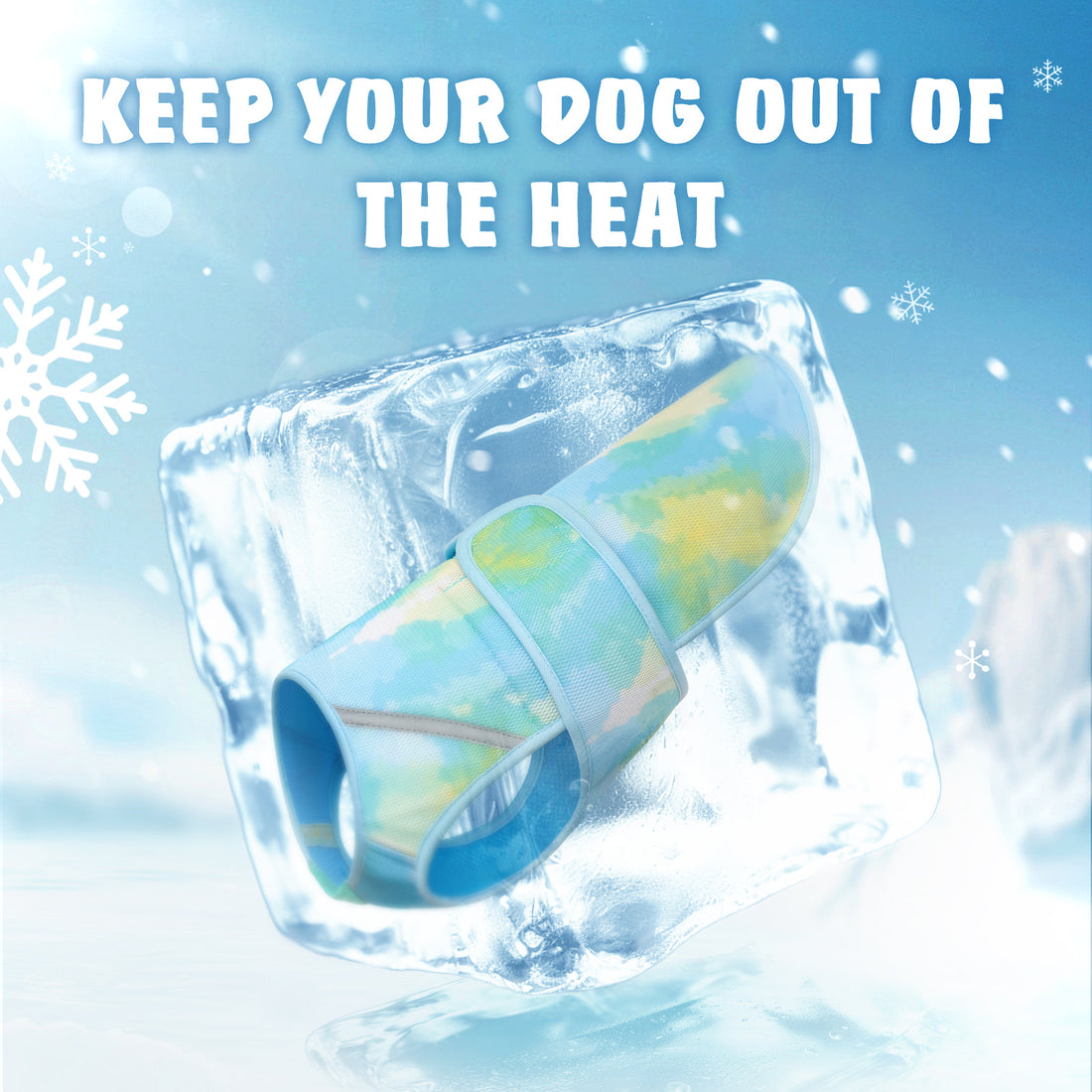 Lightweight mesh cooling dog vest in blue and green tie-dye inside an ice block