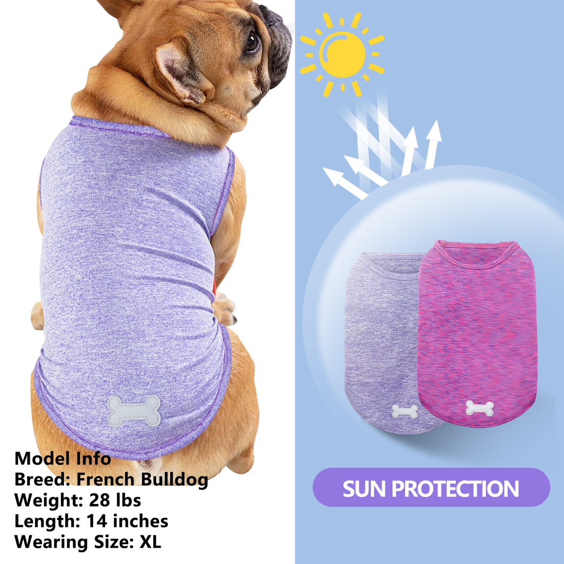 Purple sleeveless dog shirt with small bone emblem on the chest