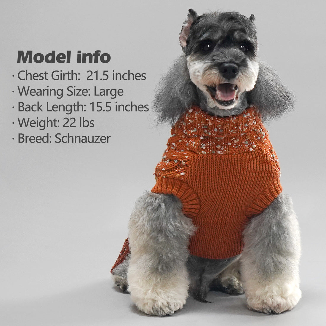 Orange cable-knit dog sweater with ribbed turtleneck and thick knit cuffs