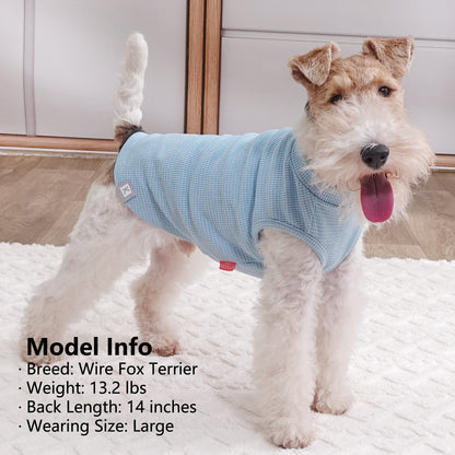 Waffle-knit dog shirt, light blue with short sleeves and open belly for easy wear
