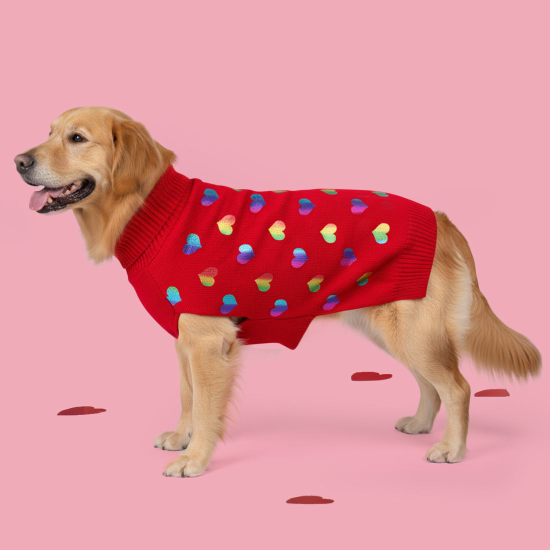 Red knit dog sweater with multicolor heart pattern and ribbed turtleneck