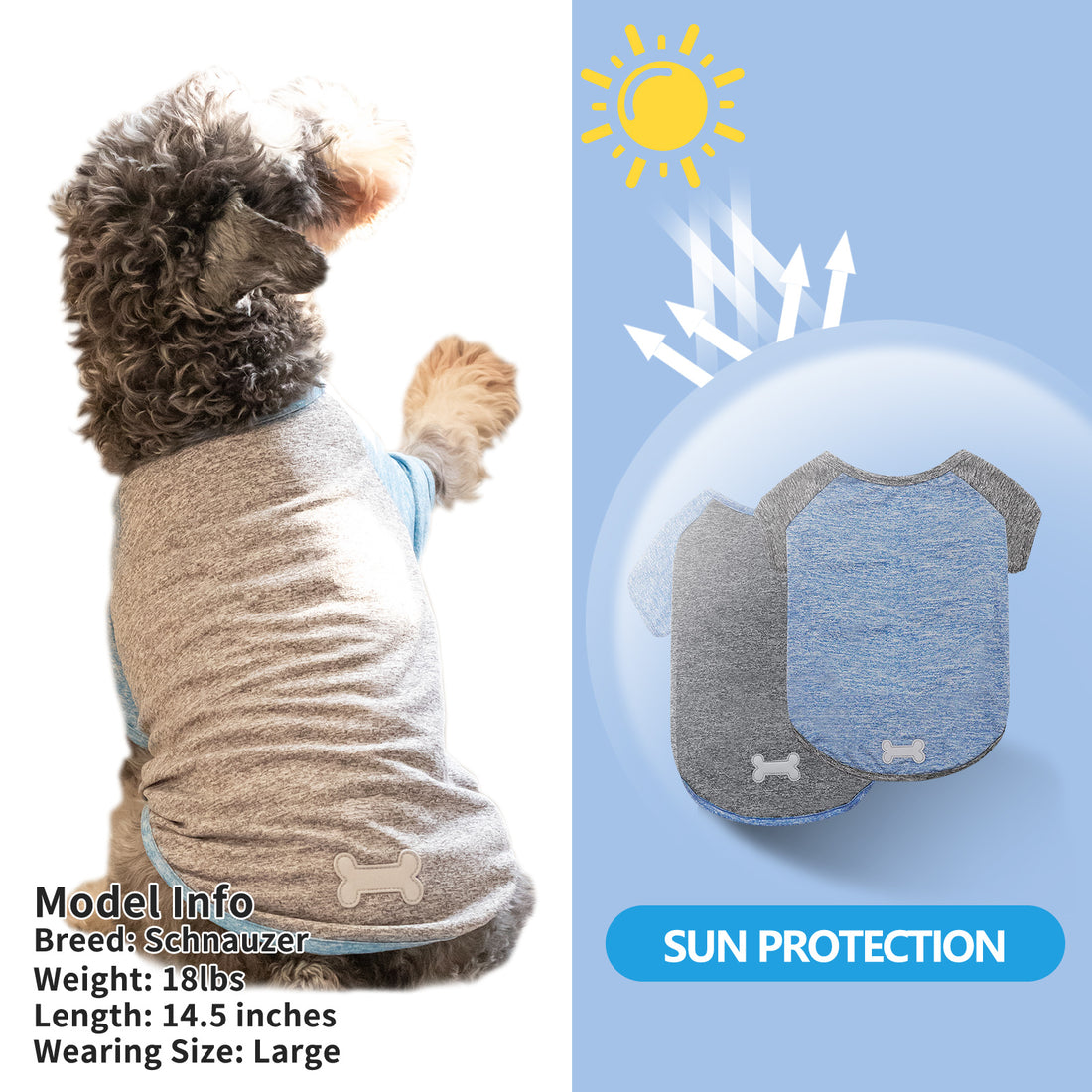 Lightweight dog raglan shirt in heather blue and gray with bone applique on the chest