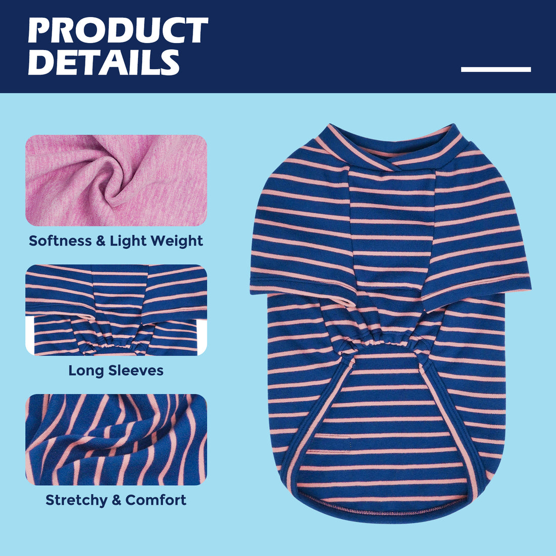 Striped dog shirt with short raglan sleeves; navy base and pink-orange lines