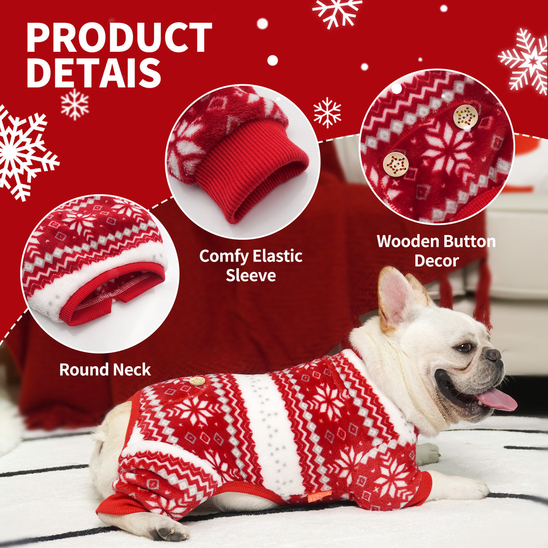 French bulldog in red and white snowflake dog pajamas with round wooden button decor