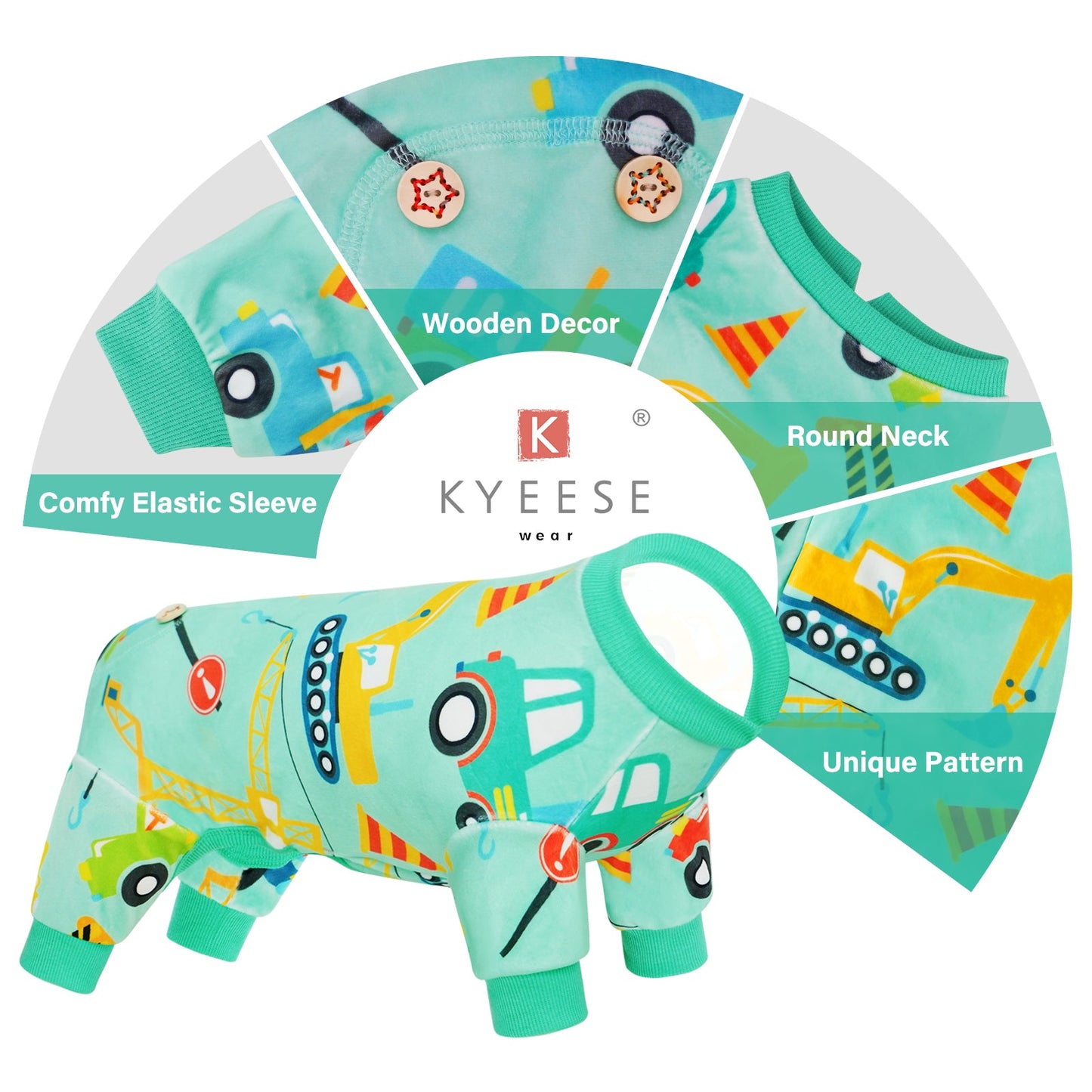 Vehicle-pattern dog onesie pajamas in aqua with green round neck and cuffs