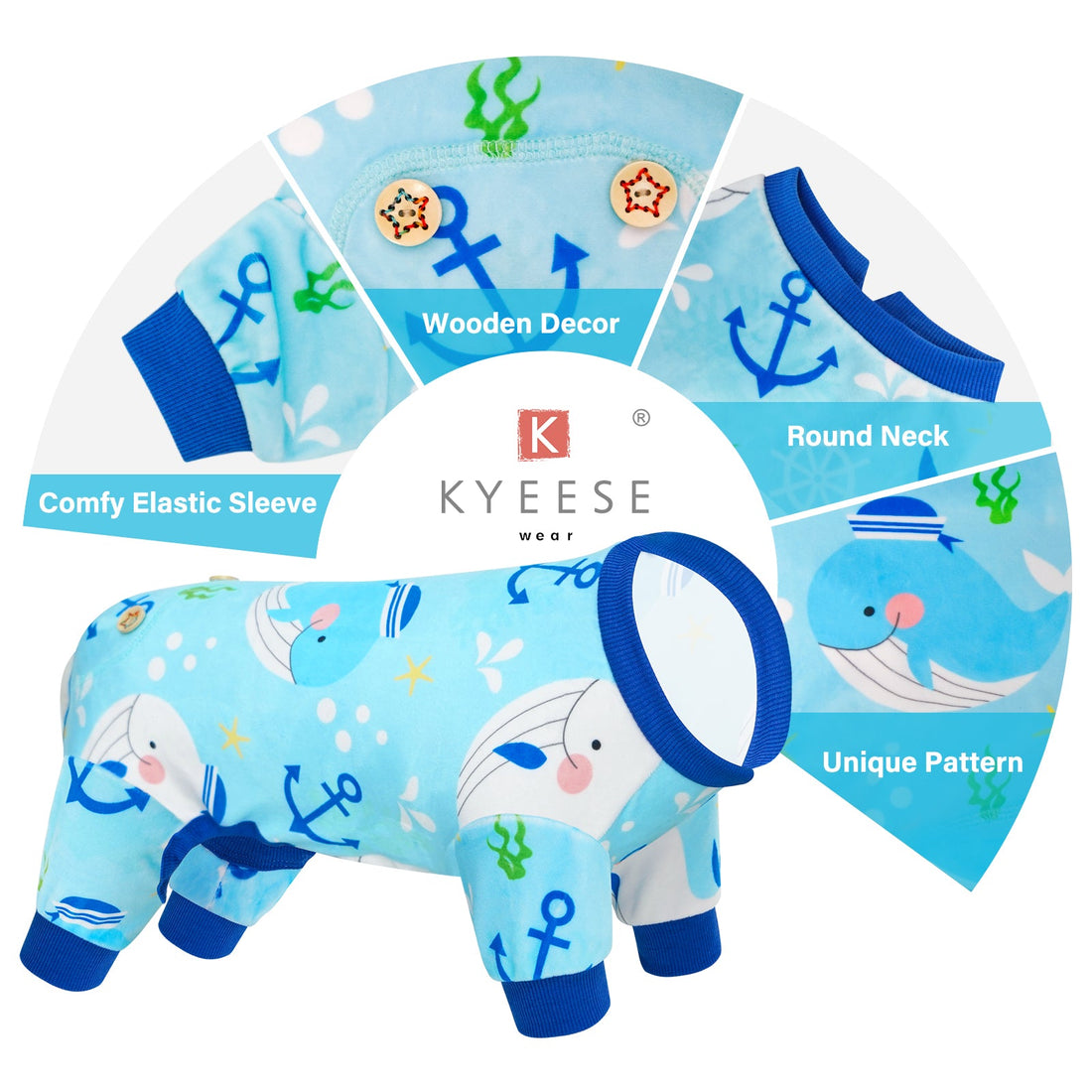Light blue ocean-print dog onesie pajamas with ribbed cuffs and wooden-button decor.