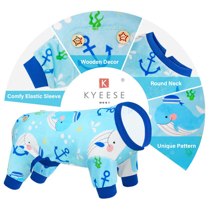 Light blue ocean-print dog onesie pajamas with ribbed cuffs and wooden-button decor.