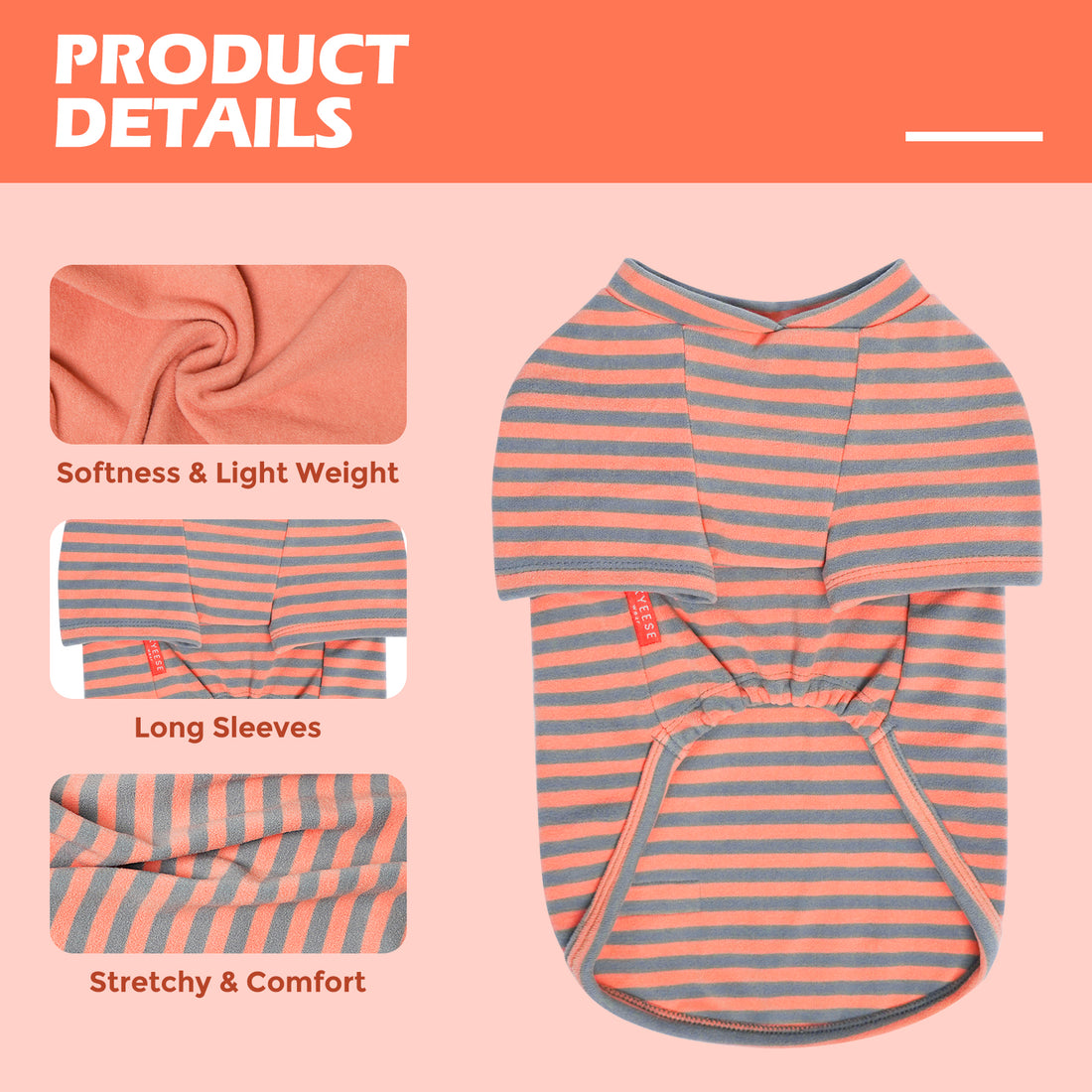 Orange and gray striped dog raglan shirt with long sleeves and rounded neckline