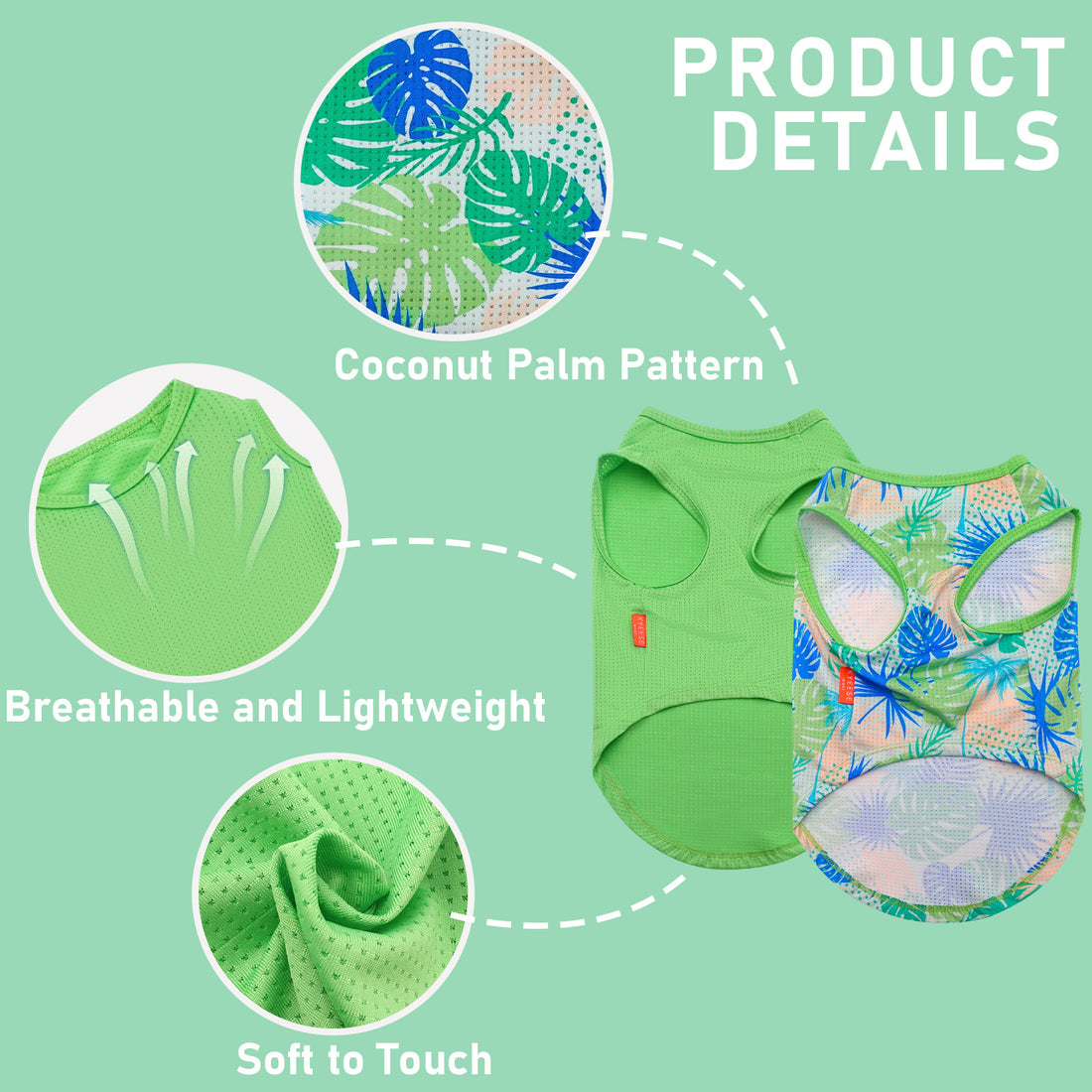 Mesh breathable dog shirt with coconut palm pattern and green mesh texture details