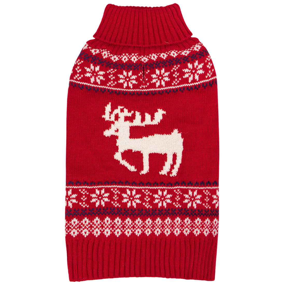 Red knit dog sweater with reindeer graphic and fair isle banded yoke