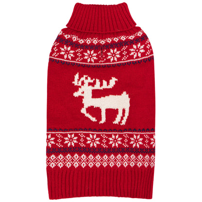 Red knit dog sweater with reindeer graphic and fair isle banded yoke