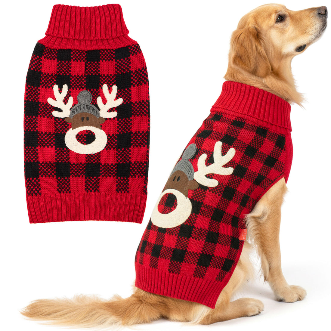 Red and black buffalo plaid dog sweater with reindeer applique and ribbed neck.