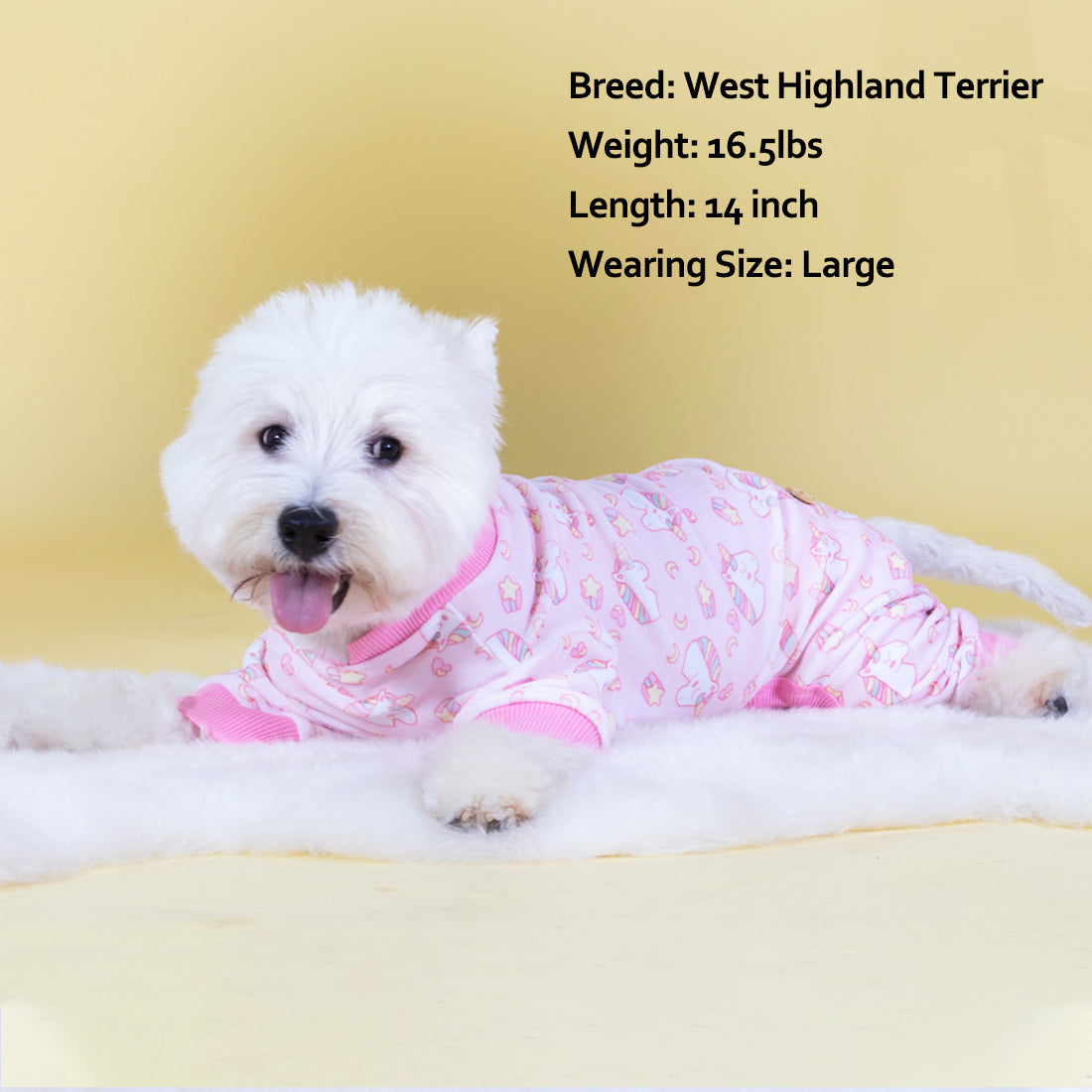 Light pink unicorn dog print dog onesie pajama with ribbed collar and cuffs, long sleeves