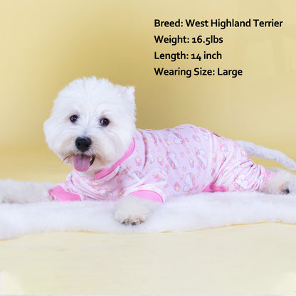Light pink unicorn dog print dog onesie pajama with ribbed collar and cuffs, long sleeves