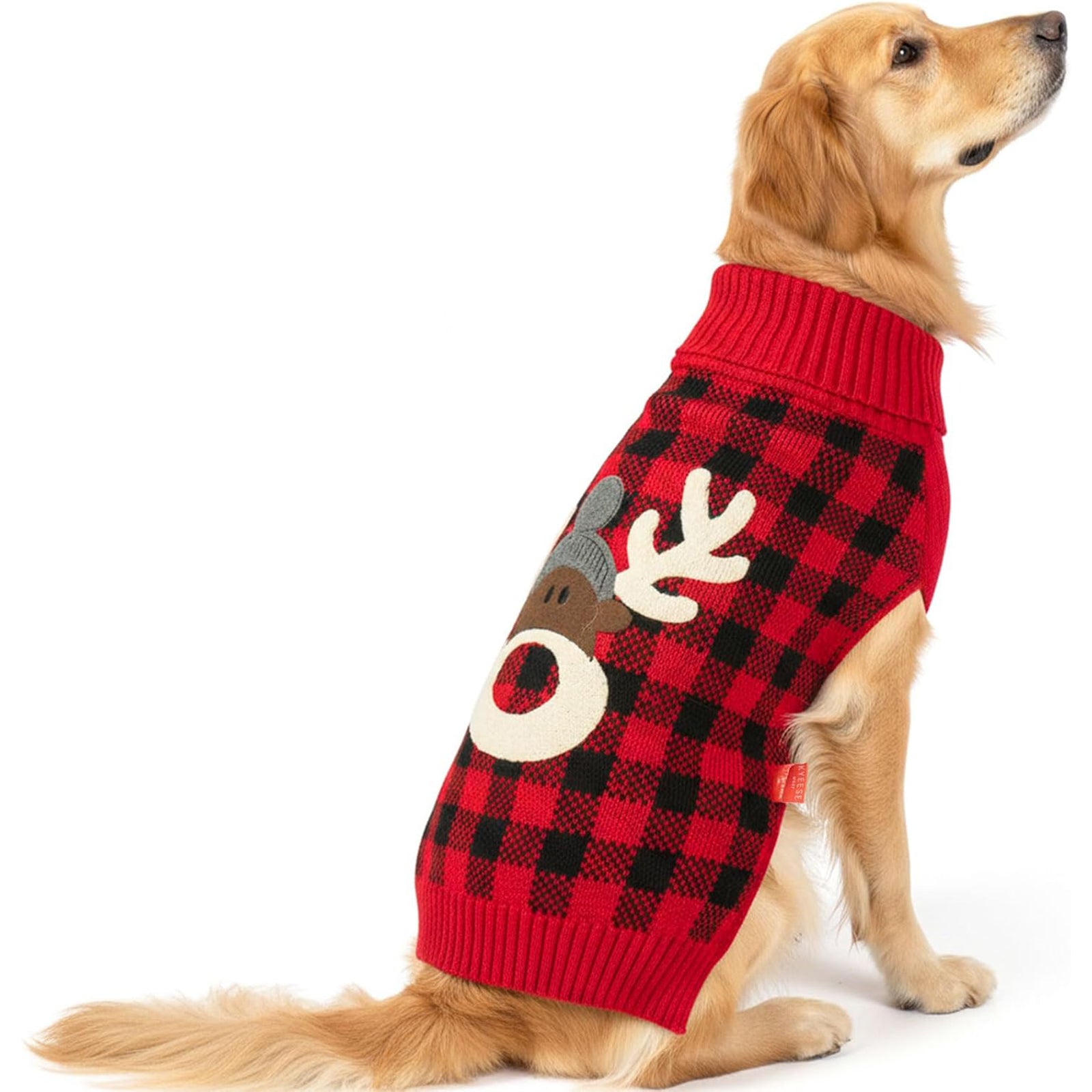 Red and black buffalo plaid dog sweater with reindeer applique on the chest.