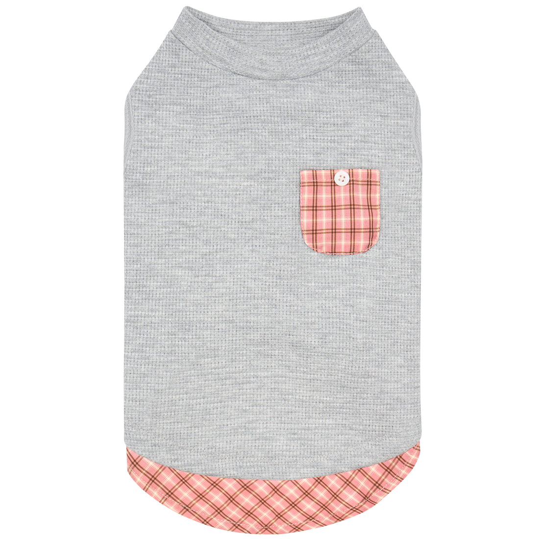 Grey sleeveless dog shirt with round neck, pink plaid pocket, and plaid hem
