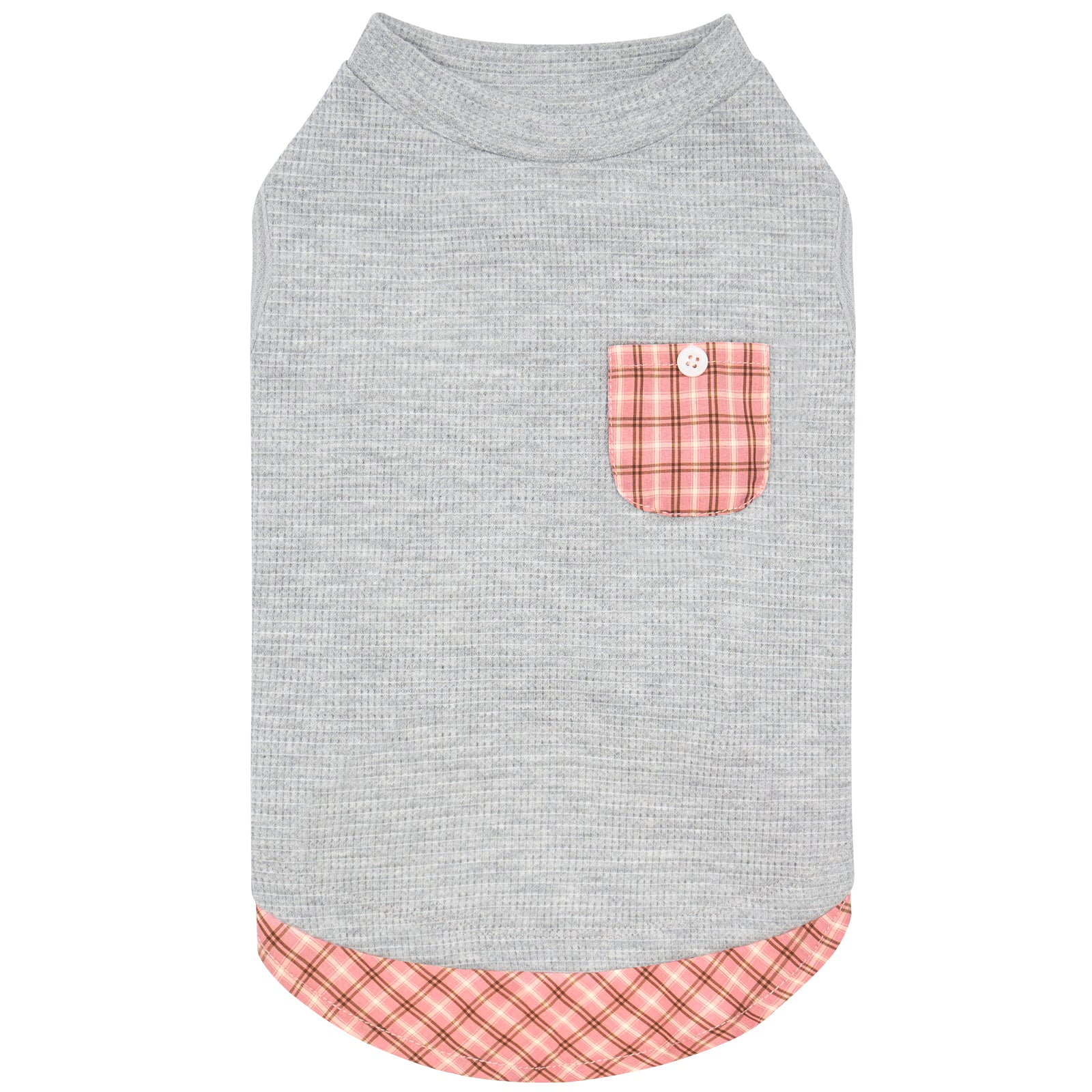 Grey sleeveless dog shirt with round neck, pink plaid pocket, and plaid hem