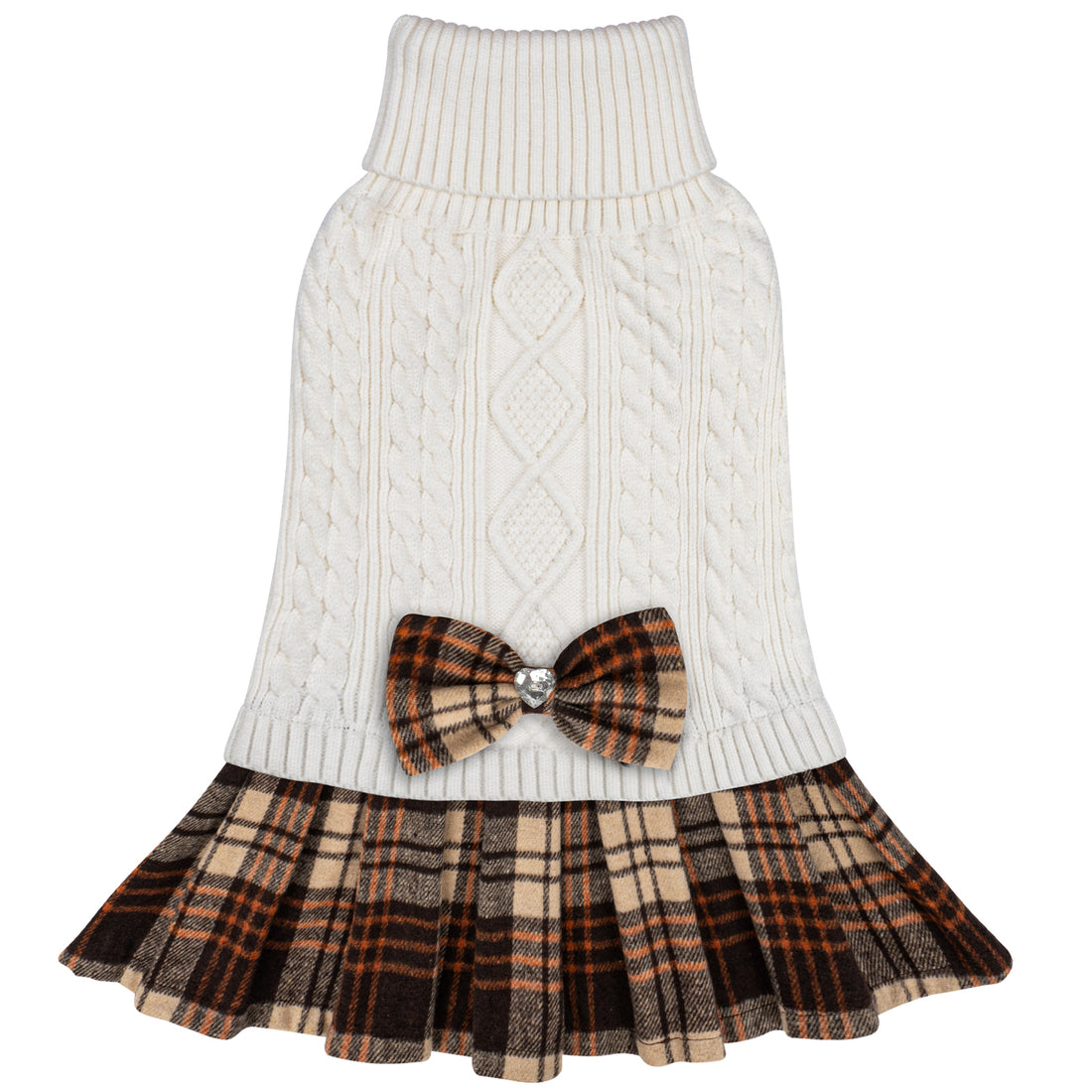 Cream cable knit dog sweater with turtleneck, plaid skirt, and brown plaid bow