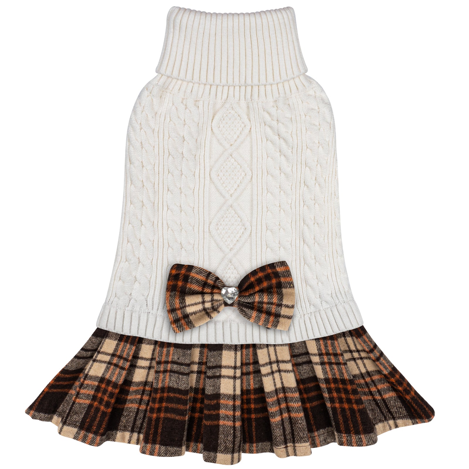 Cream cable knit dog sweater with turtleneck, plaid skirt, and brown plaid bow