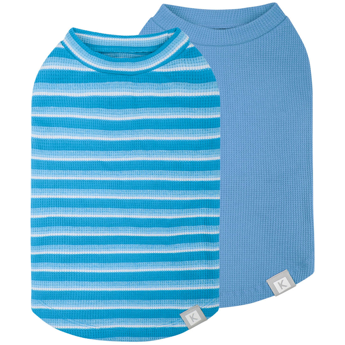 2-pack dog shirts: blue striped and solid light blue waffle-knit styles, round neck.