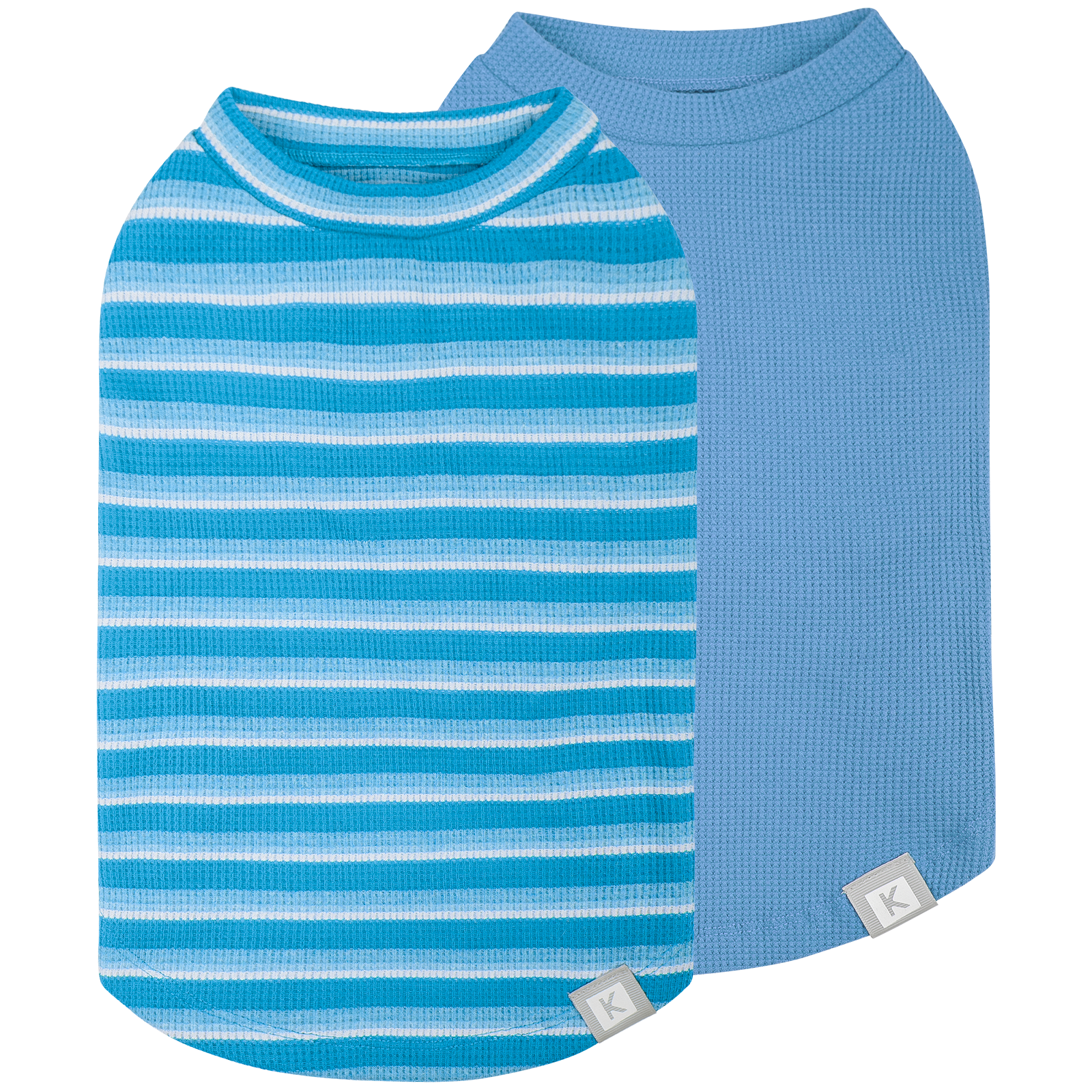 2-pack dog shirts: blue striped and solid light blue waffle-knit styles, round neck.
