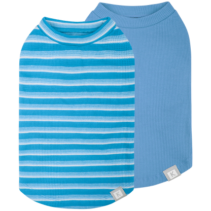 2-pack dog shirts: blue striped and solid light blue waffle-knit styles, round neck.