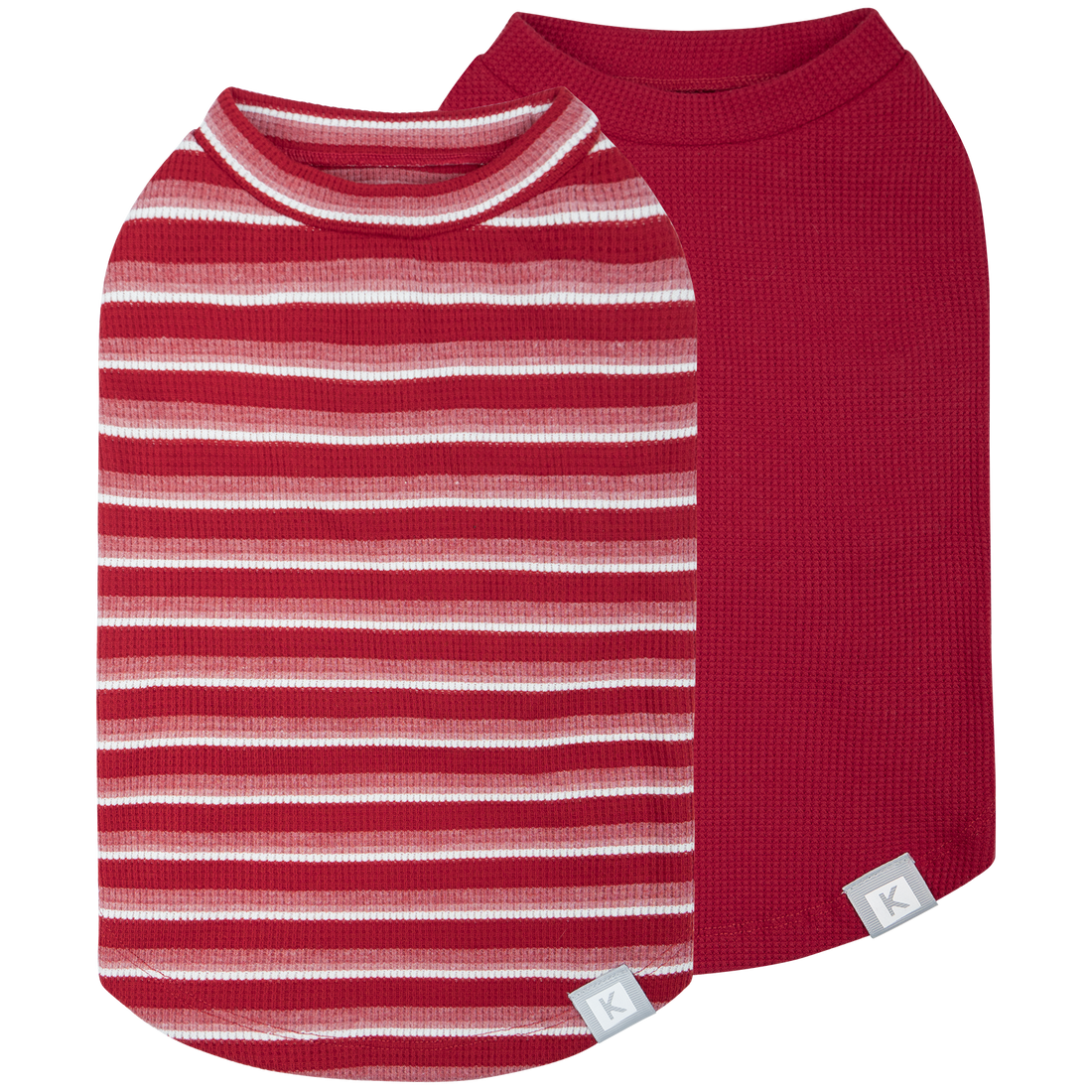 2-pack dog waffle shirts: red striped shirt and solid dark red shirt with round neck
