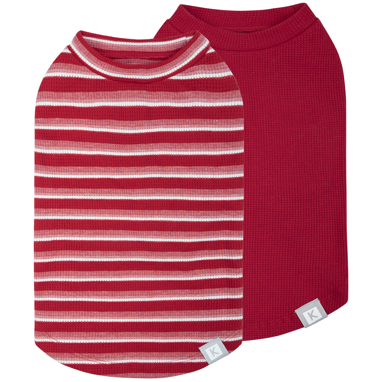 2-pack dog waffle shirts: red striped shirt and solid dark red shirt with round neck