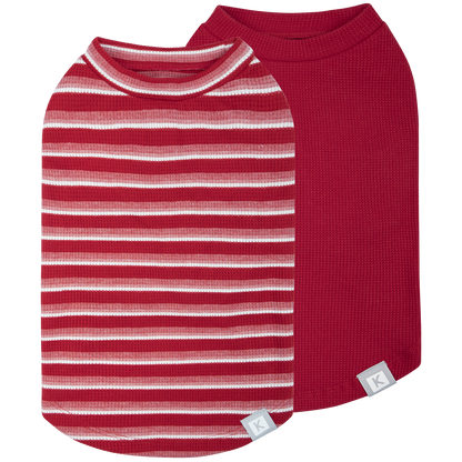 2-pack dog waffle shirts: red striped shirt and solid dark red shirt with round neck