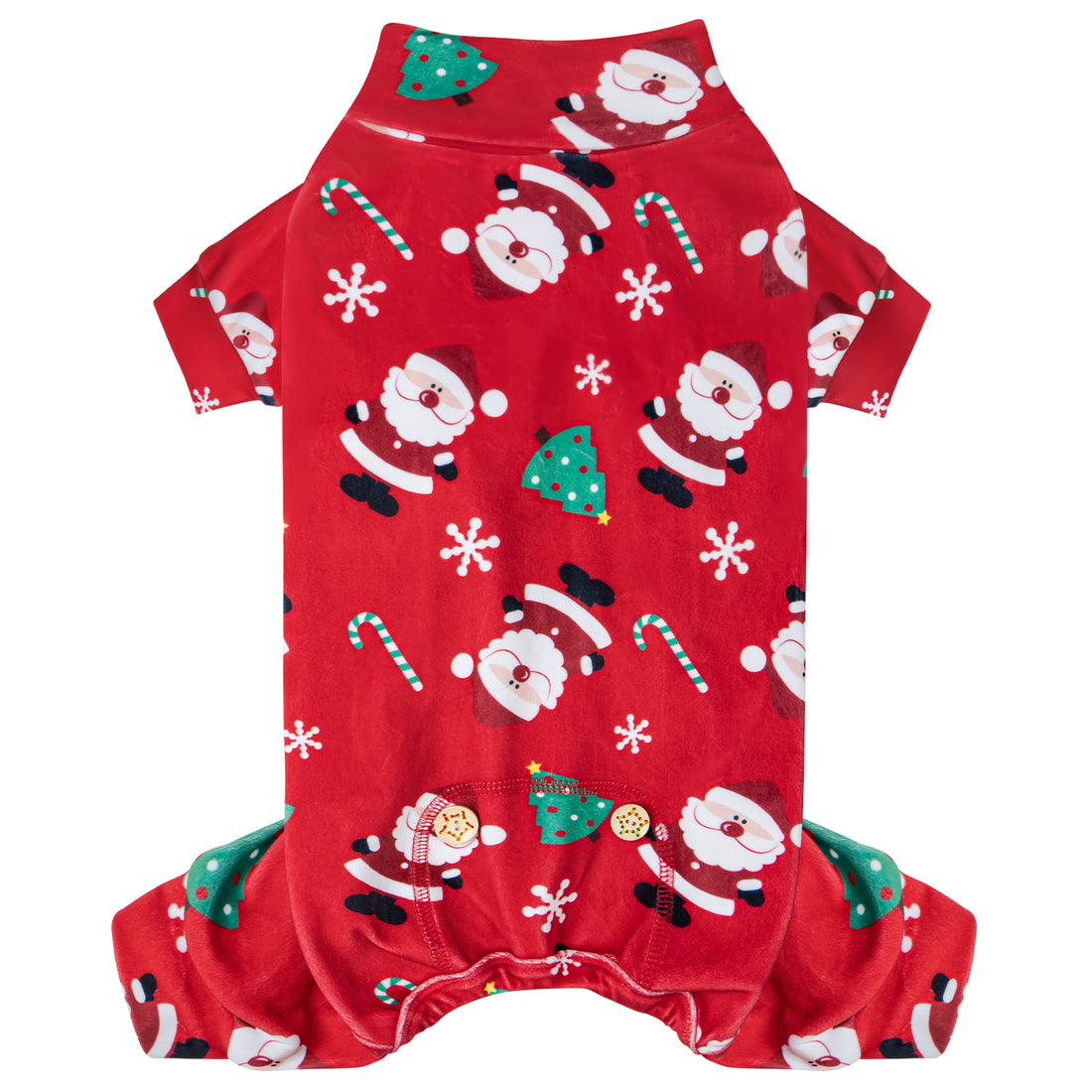Red turtleneck dog Christmas pajamas with holiday characters and snowflake prints, long sleeves