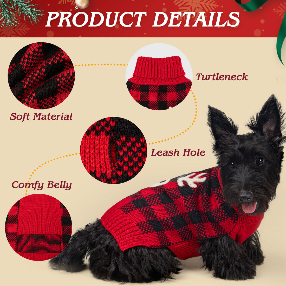 Red and black plaid dog sweater with ribbed turtleneck and reindeer applique
