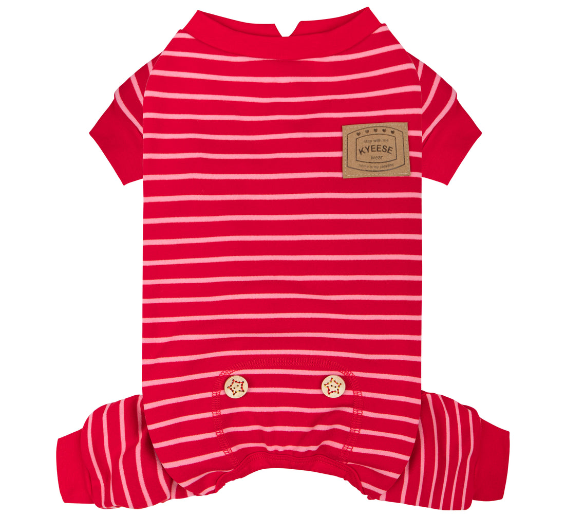 Red dog onesie pajamas with white horizontal stripes, short sleeves, and button belly