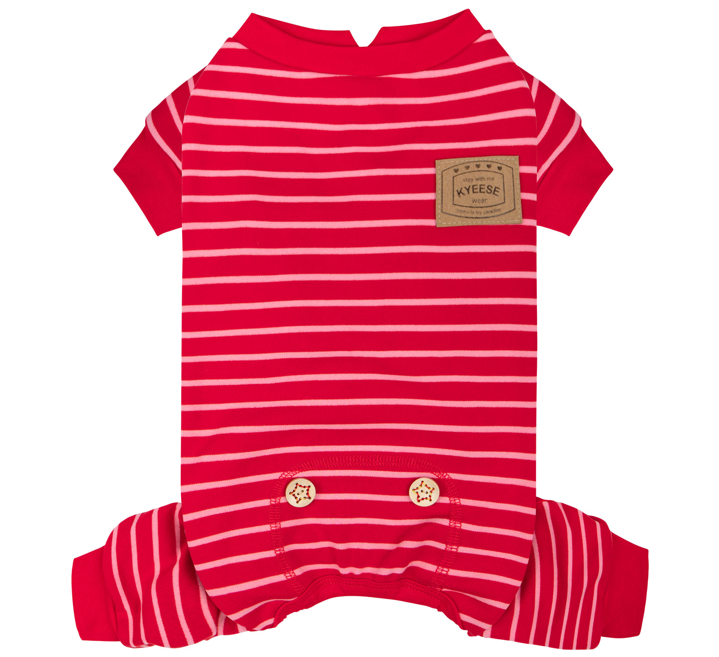 Red dog onesie pajamas with white horizontal stripes, short sleeves, and button belly