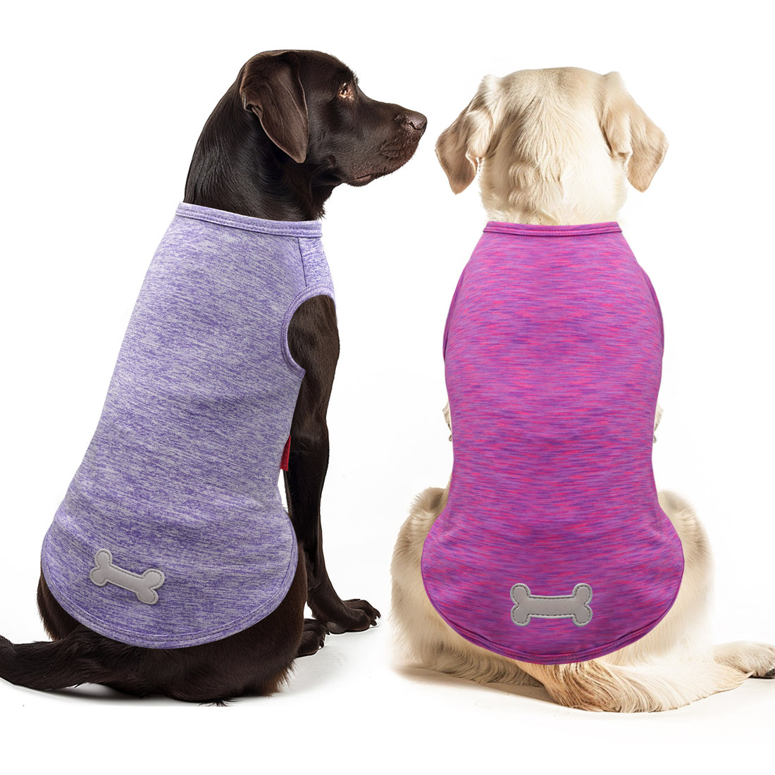Purple and pink sleeveless dog shirts on two dogs, bone emblem at hem
