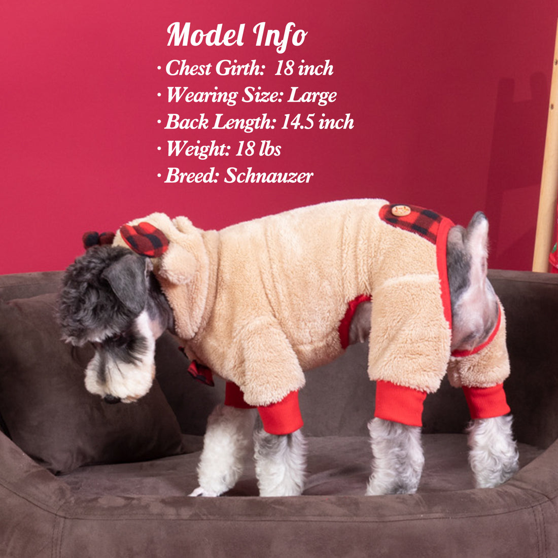 Tan fleece dog onesie with red-and-black plaid back patch and ribbed red leg cuffs