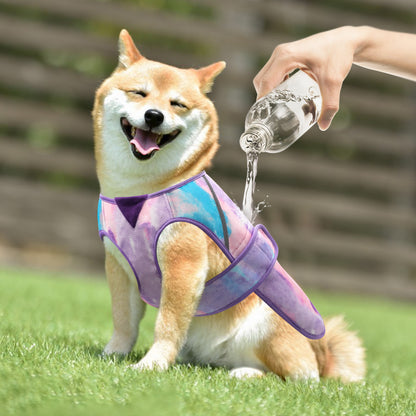 Blue and purple tie-dye lightweight mesh cooling dog vest on a dog