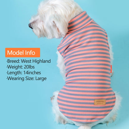 Coral striped sleeveless dog turtleneck sweater with small tan logo patch