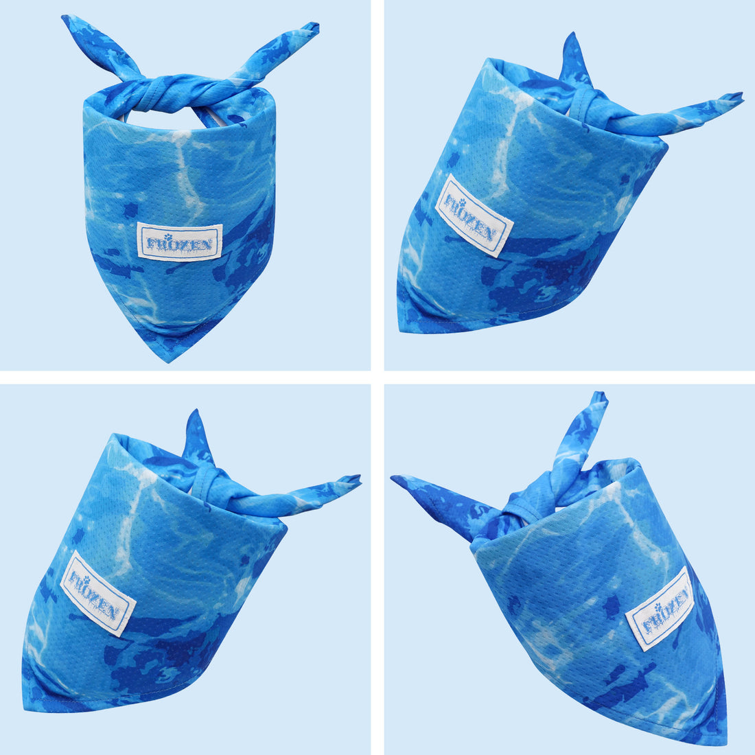 Cooling dog bandana 2-pack, folded blue bandanas with neck ties and logo label