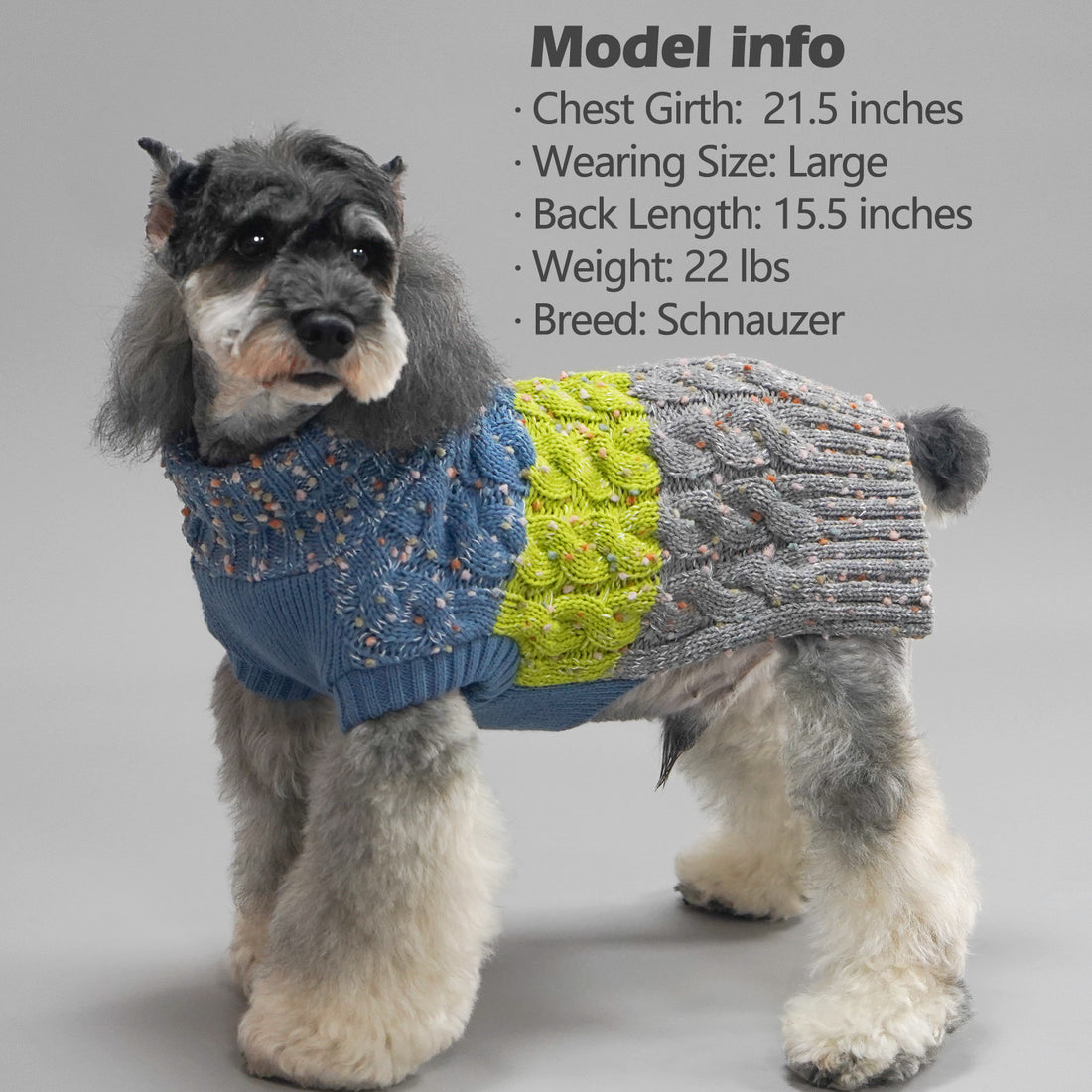 Blue, lime, and gray cable-knit dog sweater with turtleneck and ribbed cuffs