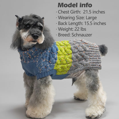 Blue, lime, and gray cable-knit dog sweater with turtleneck and ribbed cuffs