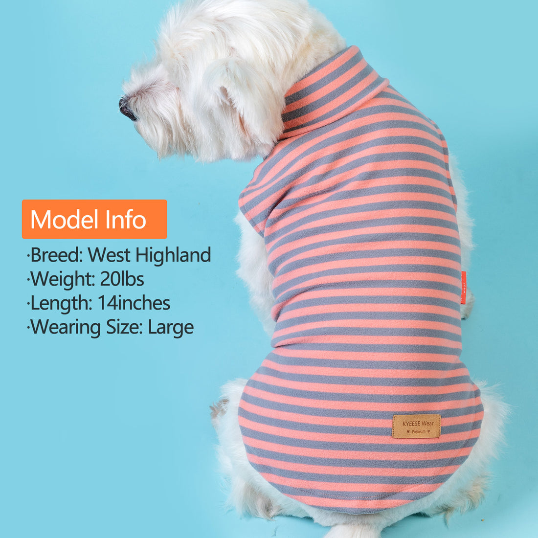 Coral striped sleeveless dog turtleneck sweater with small tan logo patch