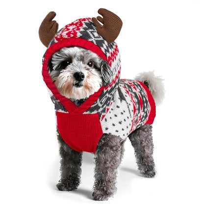 Dog reindeer sweater with antler hood, red, black-and-white knit pattern