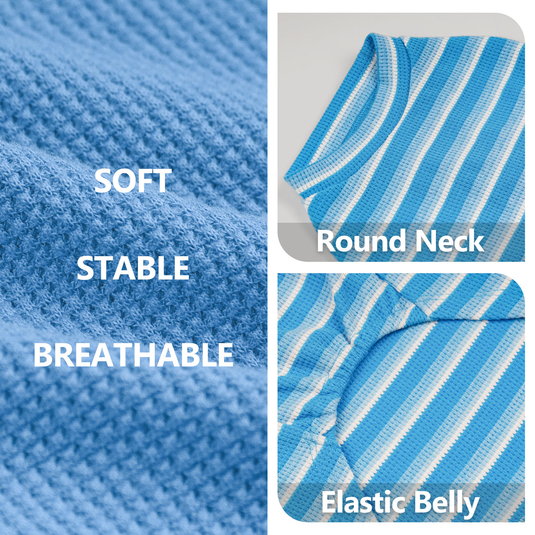 Breathable waffle-knit dog shirt fabric in light blue, with round neck and elastic belly.