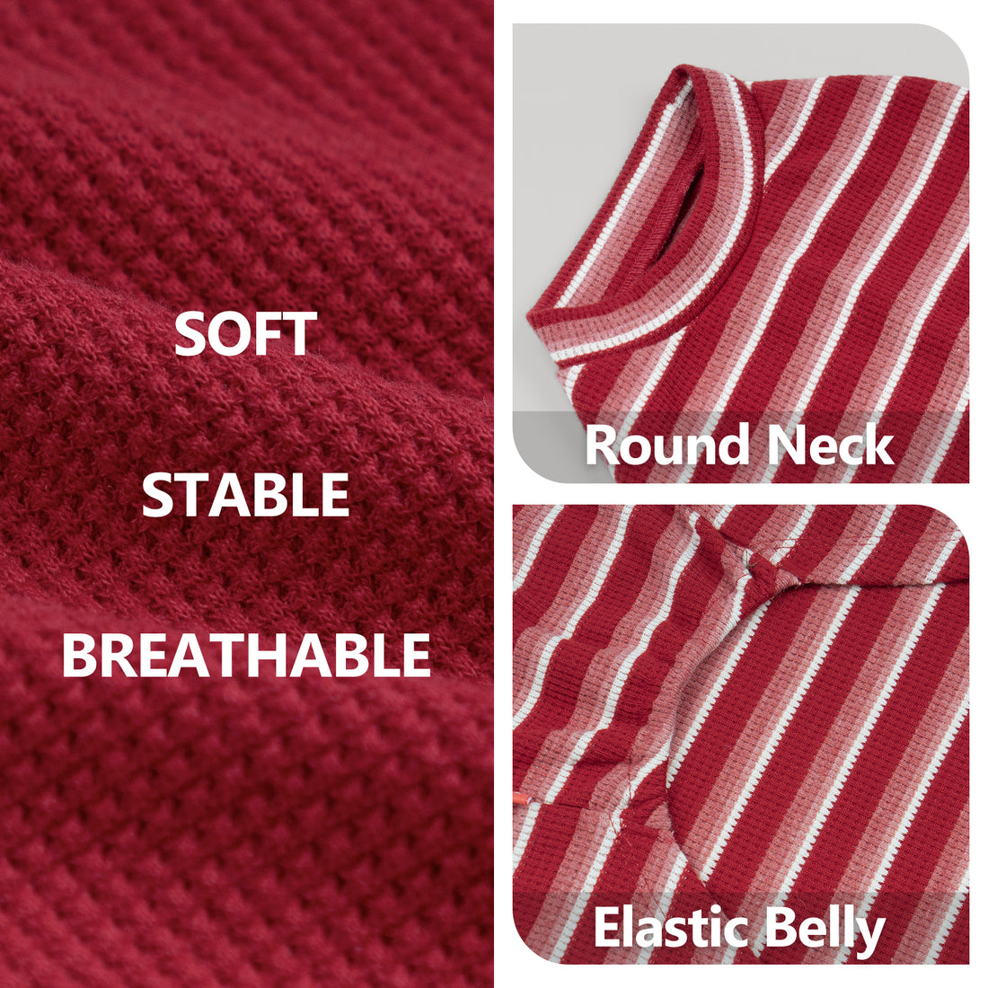 Waffle-knit dog shirt close-up, red-and-white striped round neck and elastic belly