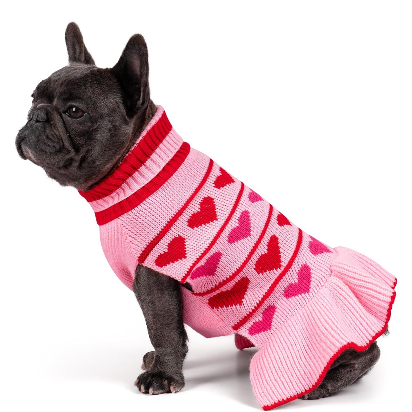 Pink dog sweater dress with red heart pattern and ribbed turtleneck
