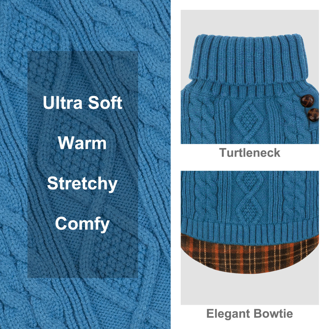 Blue dog turtleneck sweater with cable knit diamond pattern and ribbed hem