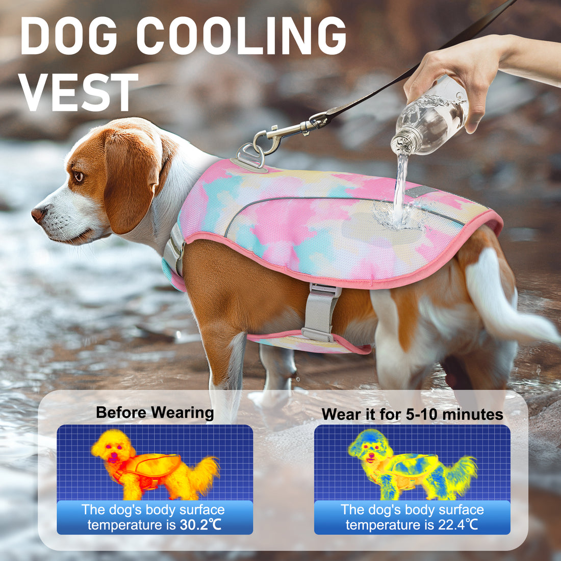 Dog cooling vest in pink and blue camouflage with wide belly strap and reflective trim
