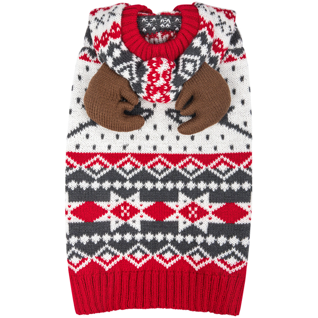 Dog reindeer antler-hood sweater, red and black-white fair isle knit, patterned hem