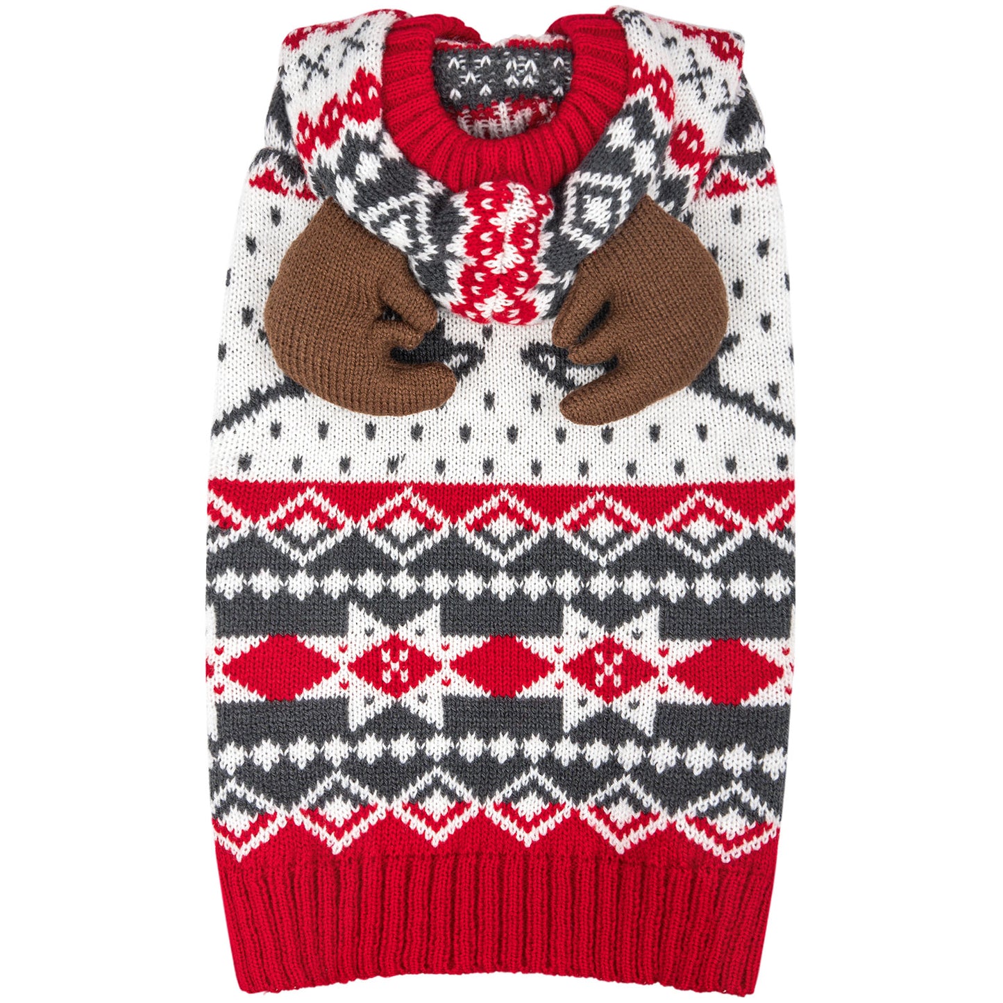 Dog reindeer antler-hood sweater, red and black-white fair isle knit, patterned hem